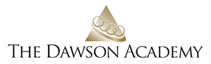 The image features a logo with text that reads  THE DAWSON ACADEMY  alongside a stylized graphic element resembling a shield, which includes a crown on top.