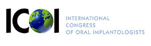 The image displays a logo with text that reads  ICO  at the top, followed by  INTERNATIONAL CONGRESS OF ORAL IMPLANTOLOGISTS  below it. The logo features a stylized globe with continents and an abstract design resembling a human face or profile. In the background, there is a partial view of what appears to be a city skyline with buildings and a body of water.